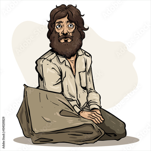 A homeless man kneels, finding solace in despair.