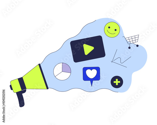 Loudspeaker social media monitoring 2D cartoon object. Engagement, trends, loud speaker. Online platform analyzing megaphone isolated element flat vector clipart on white background. Spot illustration