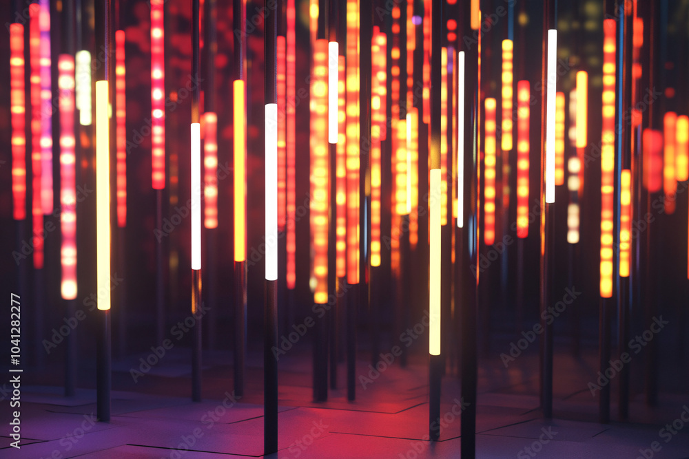 Red and orange vertical light bars glow brightly in a dark space creating a futuristic and energetic atmosphere
Red and orange vertical light bars glow brightly in a dark space creating a futuristic and energetic atmosphere