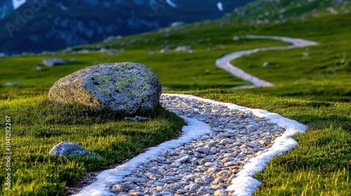 A photostock of a rugged mountain path with snow patches along the way, captured at dawn. Nikon camera, 70-200mm lens, f/8 aperture, 1/250 shutter speed, focused on the path