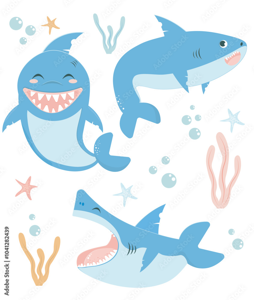 Naklejka premium Cute sharks vector set