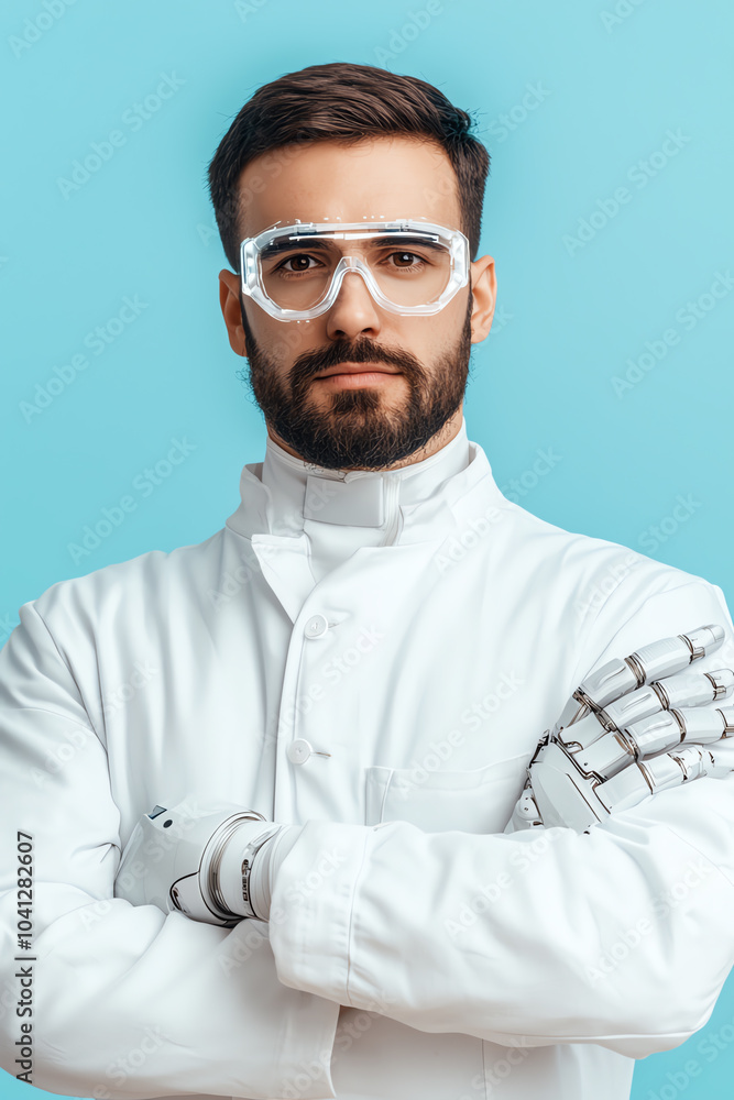 Fototapeta premium Innovative scientist with robotic arm showcasing the future of technology and science in a modern laboratory setting