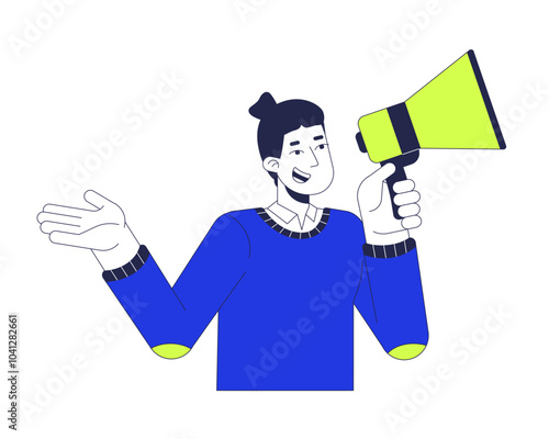 Communicative caucasian man talking through megaphone 2D cartoon character. Male activist promoting with loudspeaker isolated person flat vector on white background. Spot illustration colorful