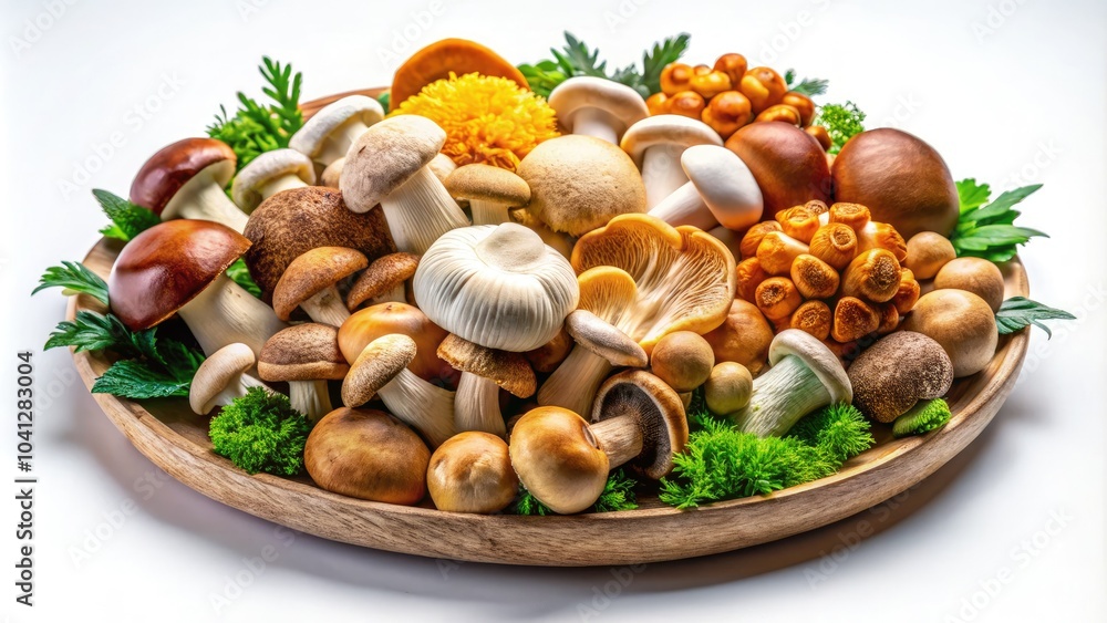 Fresh, pristine mushrooms elegantly displayed on a white plate, capturing their natural beauty and texture, perfect for culinary-themed stock photography and elegant presentations. Fresh, pristine mushrooms elegantly displayed on a white plate, capturing their natural beauty and texture, perfect for culinary-themed stock photography and elegant presentations.