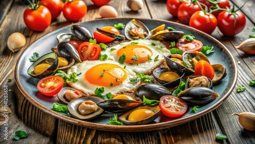 Fried Eggs with Mussel and Tomato Salad - Delicious Kitchen Table Meal