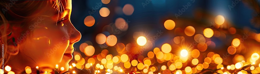 Obraz premium Christmas Background, Child's profile with warm, glowing lights in a festive atmosphere.
