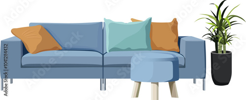 A comfortable blue couch awaits in this living room scene.