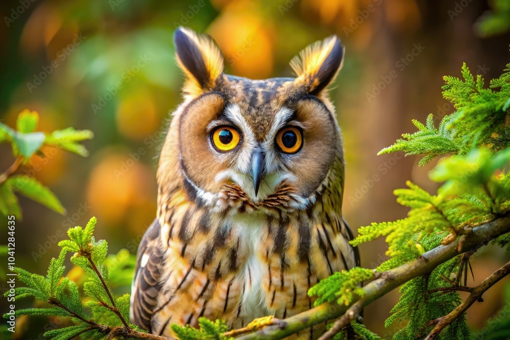 Gazing intently from a dense branch, this Long Eared Owl captures attention with its large, expressive eyes, perfectly blending into its natural habitat. Gazing intently from a dense branch, this Long Eared Owl captures attention with its large, expressive eyes, perfectly blending into its natural habitat.