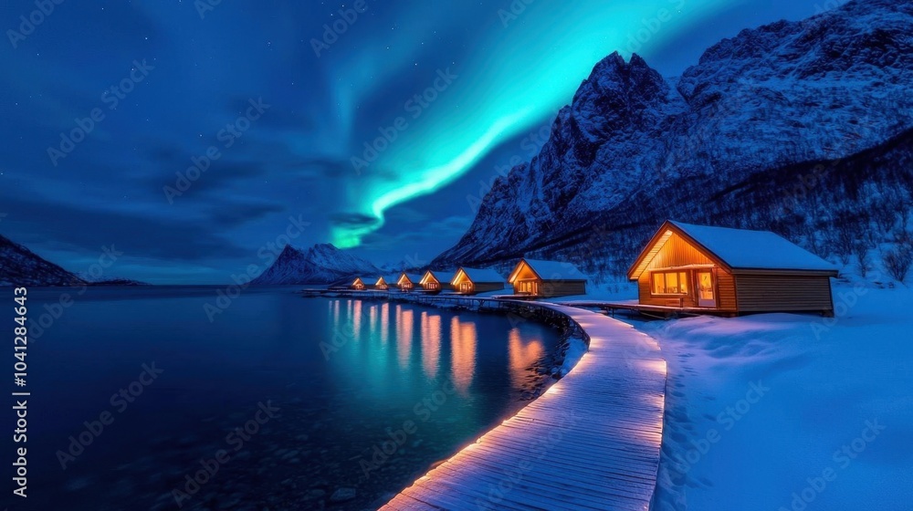 Fototapeta premium A photostock of a snowy village under the northern lights, with colorful aurora filling the sky. Nikon camera, 24mm lens, f/2.8 aperture, 1/50 shutter speed, focused on the village