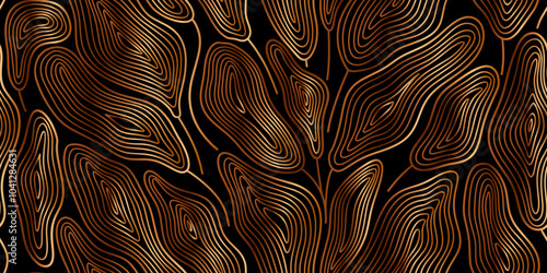 Seamless pattern with golden linear leaves on black background. Luxury background with line bronze plants