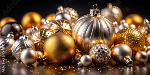 Glittering Gold and Silver Christmas Ornaments for Festive Decoration on Black Background