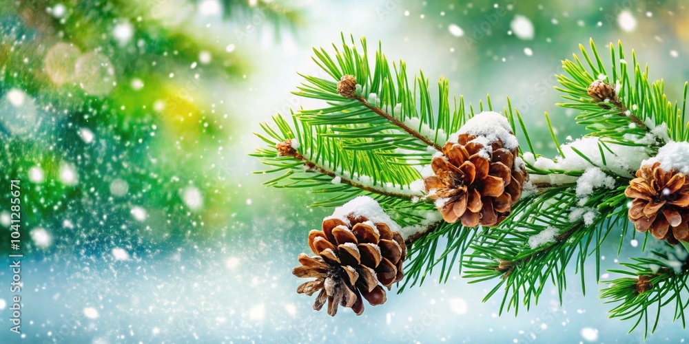 Glowing winter pine branch sprinkled with white snow and decorative pine cones, beautifully showcasing the serene charm of the season in nature photography. Glowing winter pine branch sprinkled with white snow and decorative pine cones, beautifully showcasing the serene charm of the season in nature photography.