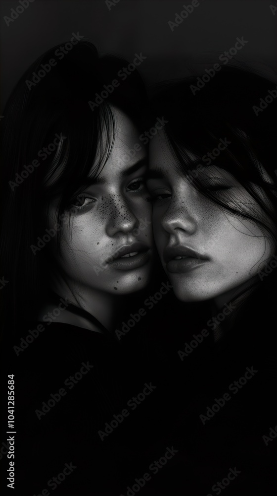 Black and White Portrait of Two Women: Intimacy and Mystery Black and White Portrait of Two Women: Intimacy and Mystery