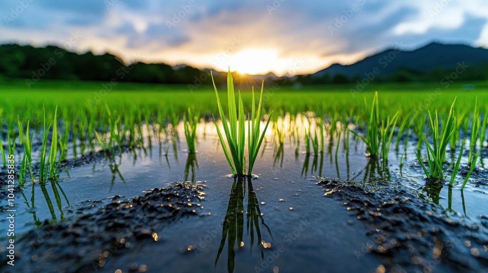 A photostock of a vibrant green rice paddy field, with water reflections during the golden hour. Nikon camera, 35mm lens, f/5.6 aperture, 1/200 shutter speed, focused on the water A photostock of a vibrant green rice paddy field, with water reflections during the golden hour. Nikon camera, 35mm lens, f/5.6 aperture, 1/200 shutter speed, focused on the water