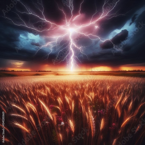 Field Lightning Lightning striking a wide open field of tall gra photo