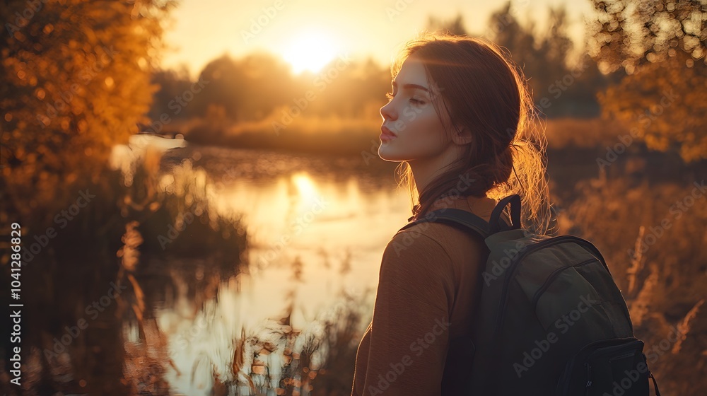 Traveler with backpack relaxing by autumn river at sunset. Young woman breathing deep feeling happy and free. Traveler with backpack relaxing by autumn river at sunset. Young woman breathing deep feeling happy and free.