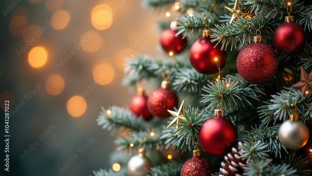 Enchanting Christmas Tree Branch with Red and Silver Ornaments and Sparkling Lights Enchanting Christmas Tree Branch with Red and Silver Ornaments and Sparkling Lights