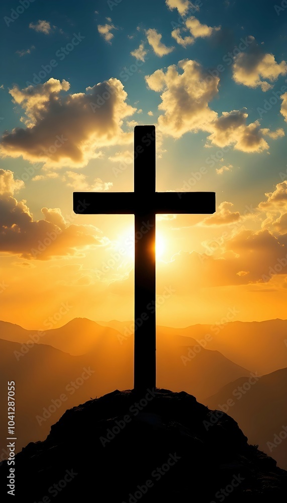 Silhouette of a Cross at Sunrise on a Mountain Silhouette of a Cross at Sunrise on a Mountain