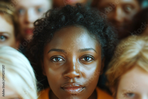 A radiant woman with glowing skin and confident eyes standing amidst a crowd of blurred faces 