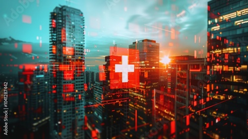 A modern city skyline is infused with digital elements, featuring a prominent Swiss flag amidst a dynamic sunset, embodying technology and innovation.