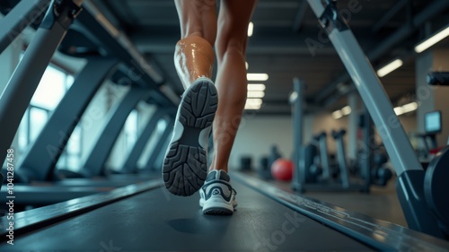 Close up of unrecognizable athlete running on a treadmill in a gym