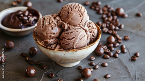 A bowl of rich, creamy chocolate ice cream presented with chocolate sauce and scattered coffee beans, showcasing a delightful blend of dessert and coffee flavors.