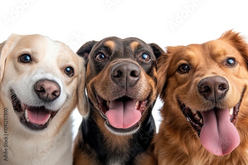 A close-up portrait of three charming dogs side by side, each displaying a joyful expression. The dogs appear lively and full of personality against a white background. photo