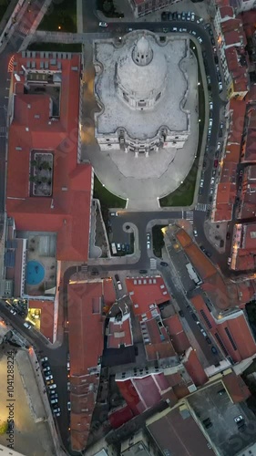 Aerial drone view of the Panthéon National in Lisbon, Portugal, showcasing the iconic architecture and surrounding urban landscape.