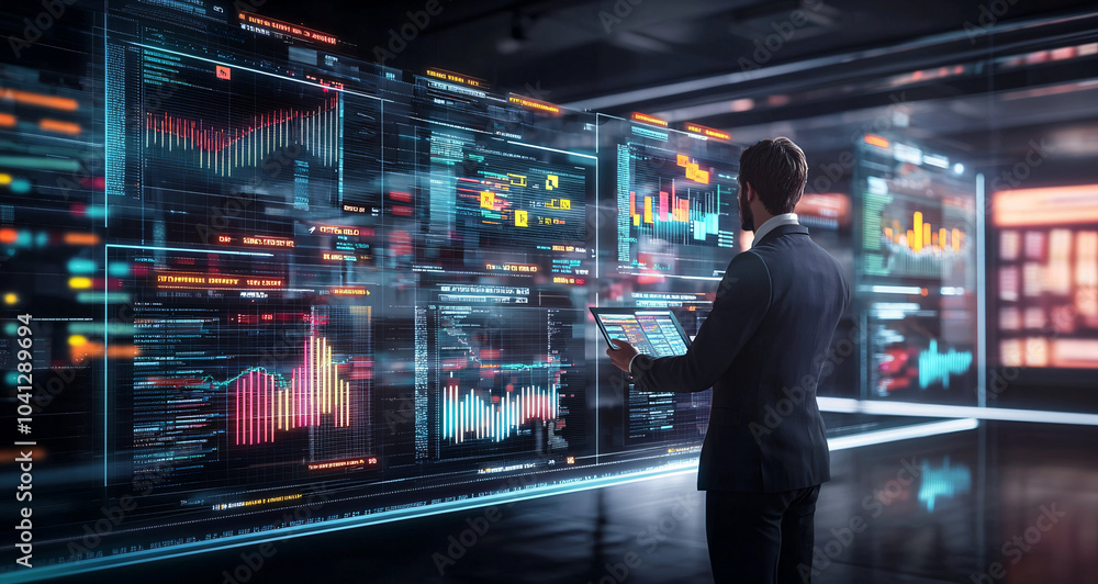 man analyzing data on multiple digital screens in modern office, focusing on graphs and charts for investment analysis. atmosphere is futuristic and high tech man analyzing data on multiple digital screens in modern office, focusing on graphs and charts for investment analysis. atmosphere is futuristic and high tech