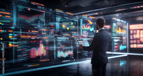 man analyzing data on multiple digital screens in modern office, focusing on graphs and charts for investment analysis. atmosphere is futuristic and high tech