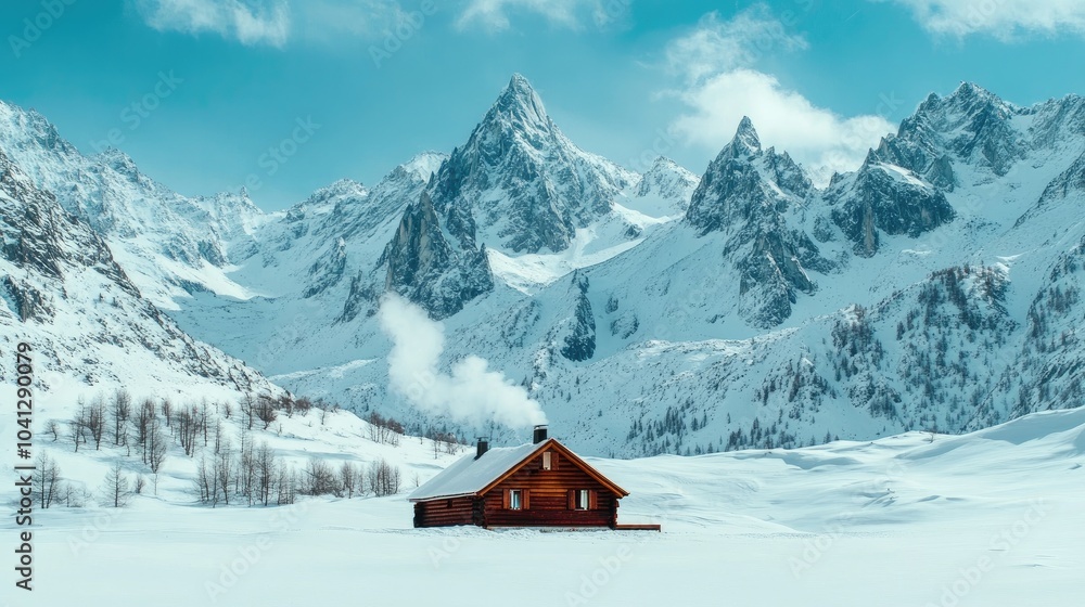 Alpine Cabin in Snowy Mountainscape