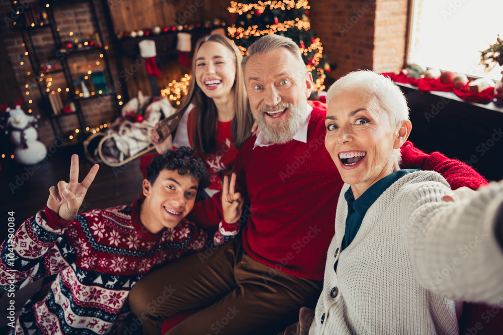 Portrait of four family members make selfie have good mood xmas new year eve enjoyment home flat indoors Portrait of four family members make selfie have good mood xmas new year eve enjoyment home flat indoors