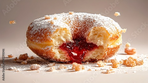 Closeup of a cut through jelly filled donut revealing a bright red oozing center from the sweet cream filled pastry  The donut s soft fluffy dough and colorful tempting filling create a mouthwatering photo