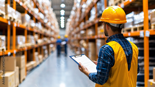 warehouse supervisor in hardhat and safety vest holds clipboard, overseeing inventory in large, organized storage facility. shelves are filled with boxes and packages