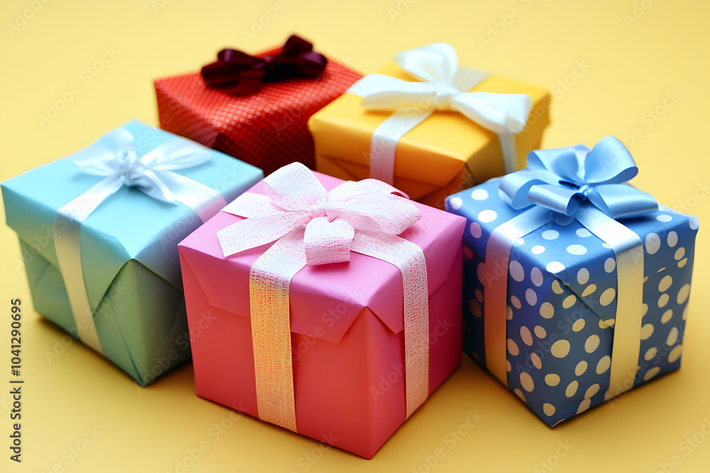Fototapeta premium A multitude of gifts are arranged on a bright yellow background, neatly wrapped and tied with bows, ready to be given to the children.