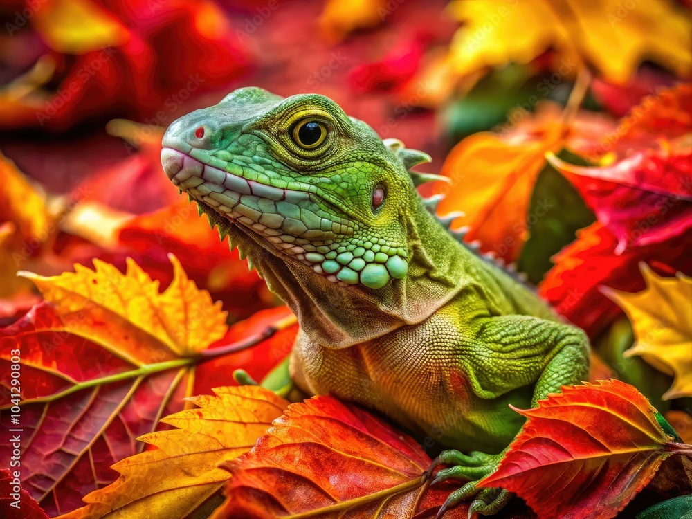 Obraz premium Green Lizard Camouflaged Amidst Vibrant Fall Leaves - Nature's Artistry