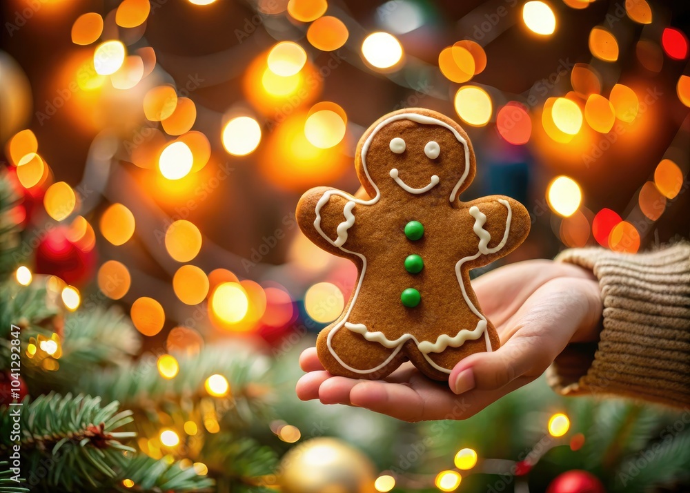 Handmade Gingerbread Man in Child's Hand Against a Festive Christmas Background