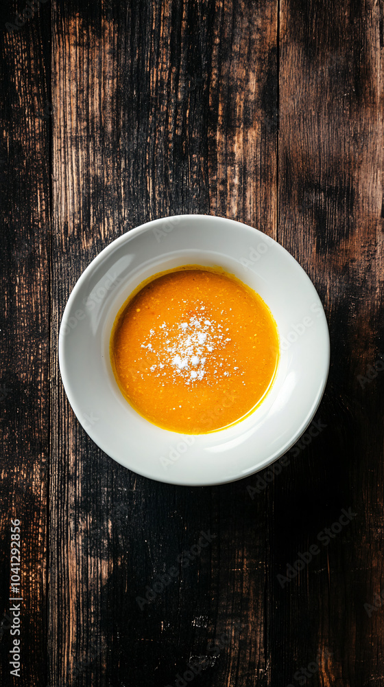 Cozy autumn atmosphere: creamy pumpkin soup elegantly served in a white bowl on a dark wooden table Cozy autumn atmosphere: creamy pumpkin soup elegantly served in a white bowl on a dark wooden table