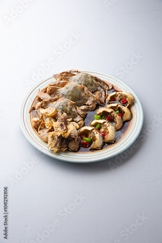 Korean-style soy sauce marinated crab with a bright gray background 밝은 회색 배경의 한국식 간장게장 photo