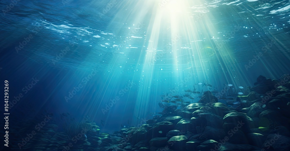 Fototapeta premium Sunbeams illuminate underwater rocks and fish.