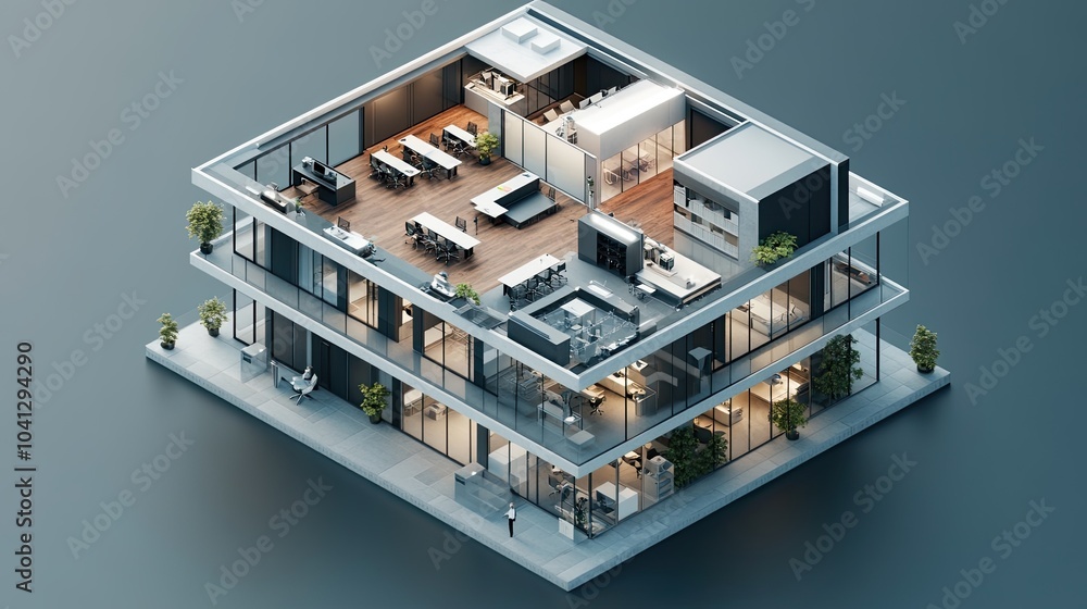 A corporate isometric business building, showing each floor with conference rooms, offices, and a reception area A corporate isometric business building, showing each floor with conference rooms, offices, and a reception area