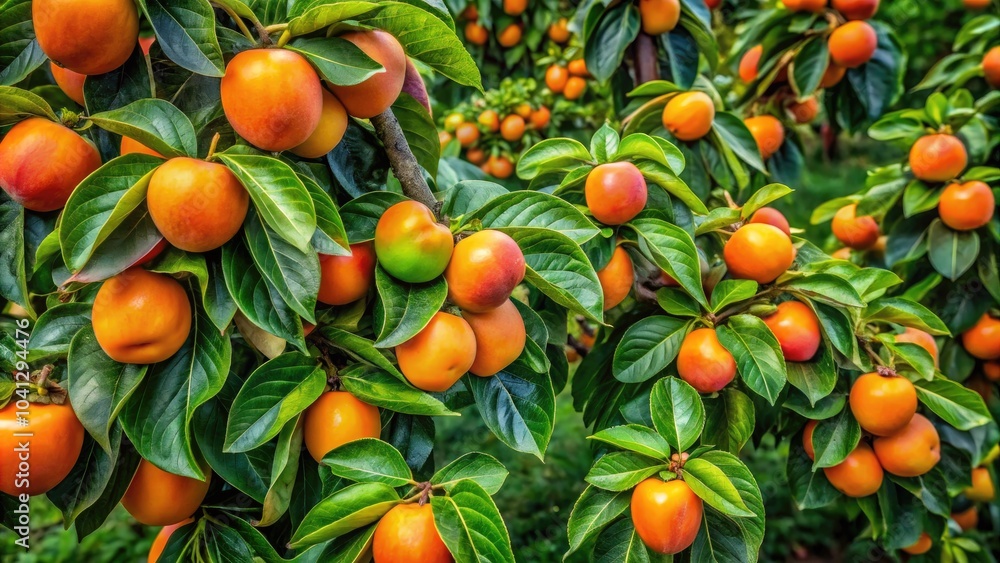 Captivating Aerial View of Unripe Sharon Persimmons on Vibrant Green Trees, Showcasing Nature's Bounty and the Beauty of Fruit Development in a Scenic Landscape Captivating Aerial View of Unripe Sharon Persimmons on Vibrant Green Trees, Showcasing Nature's Bounty and the Beauty of Fruit Development in a Scenic Landscape