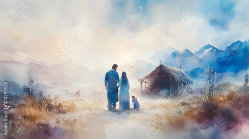 A delicate watercolor painting of Mary and Joseph with the baby Jesus, with the figures painted in soft, ethereal colors, blending seamlessly into the surrounding landscape of the stable