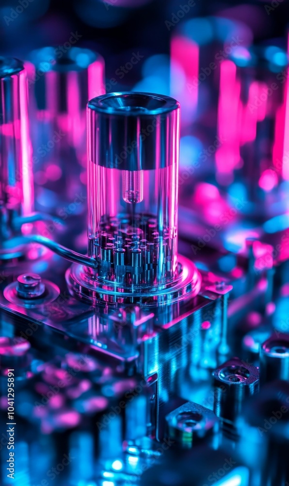 Neon lights illuminate metal vacuum tubes. Neon lights illuminate metal vacuum tubes.