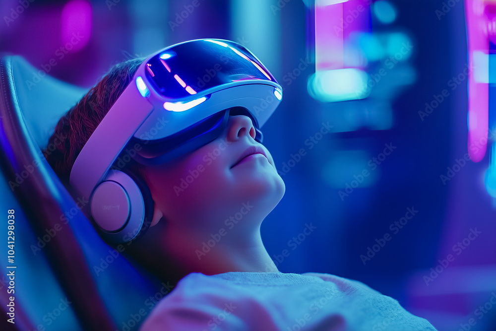 Young boy using virtual reality headset in futuristic setting Young boy using virtual reality headset in futuristic setting