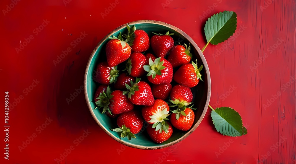 A bowl of strawberries on a red background with some leaves, AI A bowl of strawberries on a red background with some leaves, AI