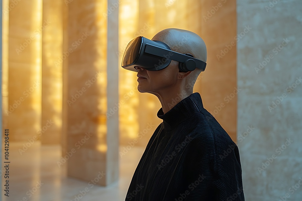 A woman in VR headset exploring virtual reality in modern interior A woman in VR headset exploring virtual reality in modern interior