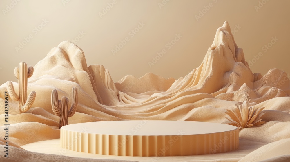 3D desert-themed podium for product display. 3D desert-themed podium for product display.
