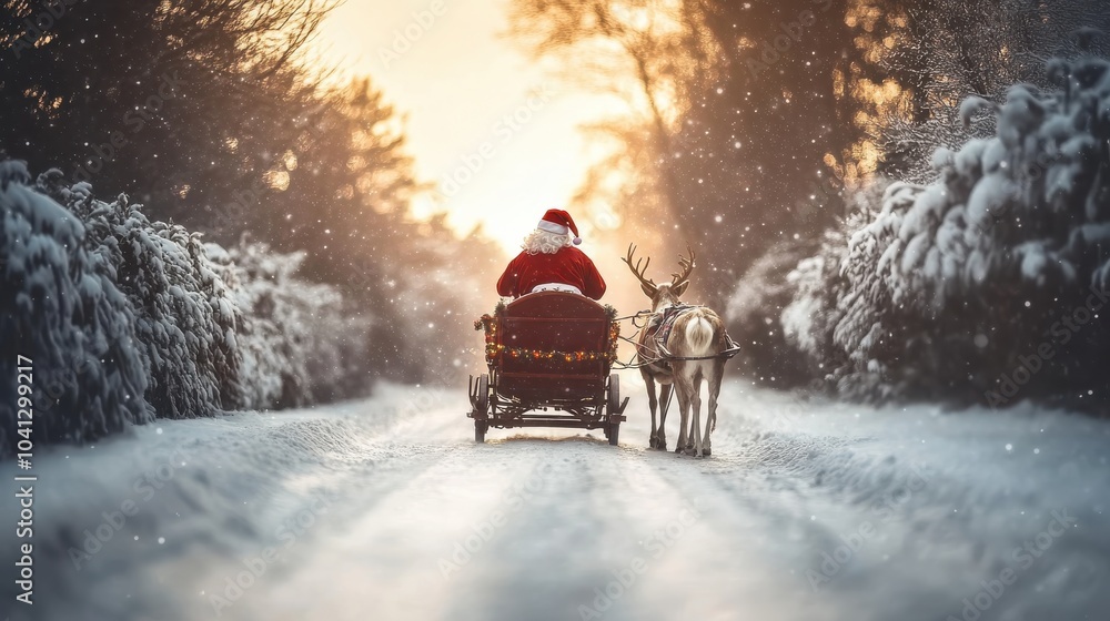 Santa Claus riding a sleigh with reindeer in a snowy landscape. Santa Claus riding a sleigh with reindeer in a snowy landscape.