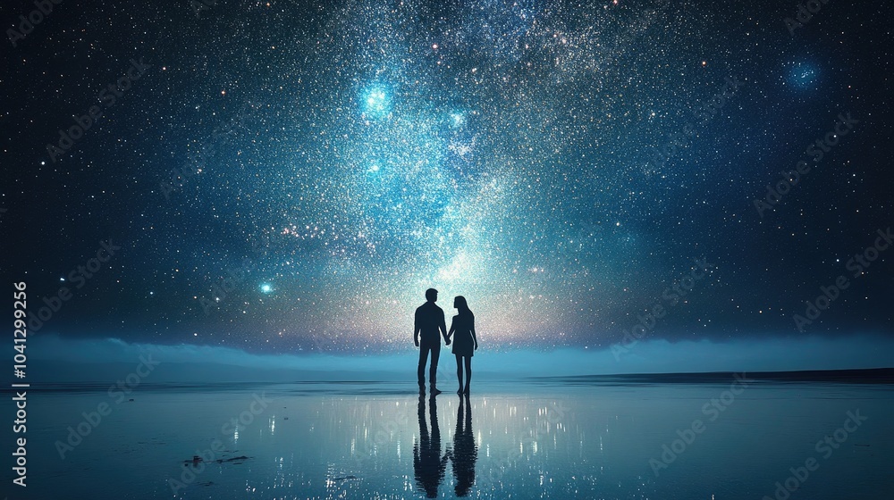 Silhouetted Couple Under a Starry Night Sky